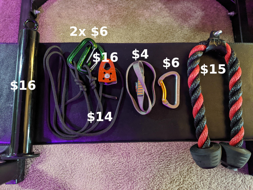 All the parts for a cable system laying on a bench pad with prices superimposed over each piece